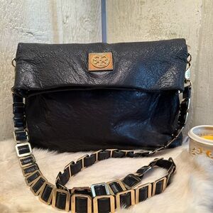 Tory Burch Fold-Over Black Leather Crossbody Bag with Gold Accents